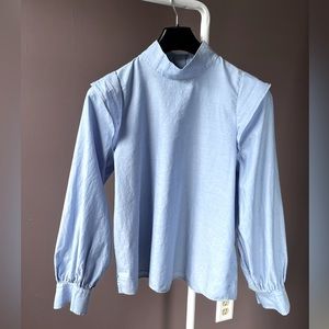 ❌sold❌Everlane Women Blouse Light Blue The Wing Shoulder Mockneck Cotton Shirt